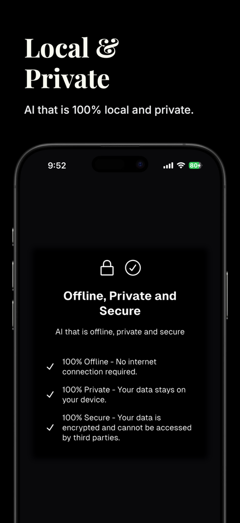 Vera: Offline AI - Vera Offline AI app screen highlighting local private and secure data features