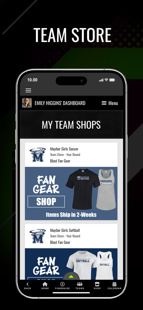 Blast Athletics - User dashboard in Blast Athletics showing customized team shops for buying sports fan gear