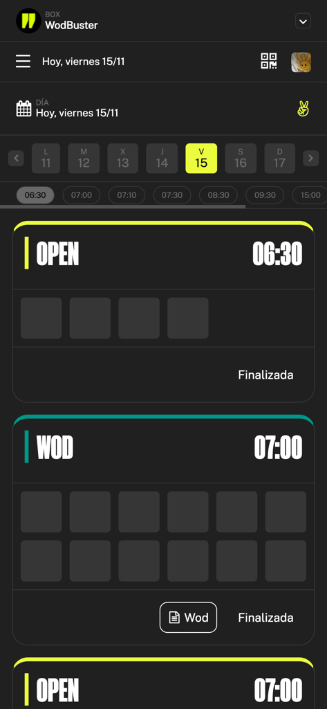 WodBuster - WodBuster mobile app showing a daily workout schedule and class booking options for a gym