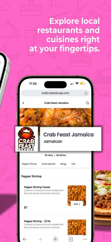 Island Run Delivery app displaying local Jamaican restaurants and menu items like pepper shrimp