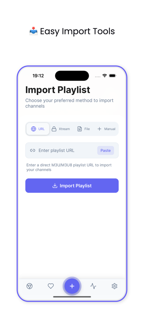Drama Live - Interface de l'application Drama Live montrant les outils d'importation faciles pour les listes de lecture M3U et M3U8.