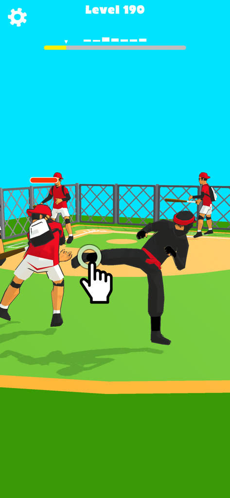 Slow Mo' Run - Um personagem ninja preto executa um chute alto contra inimigos em um campo de beisebol em Slow Mo Run