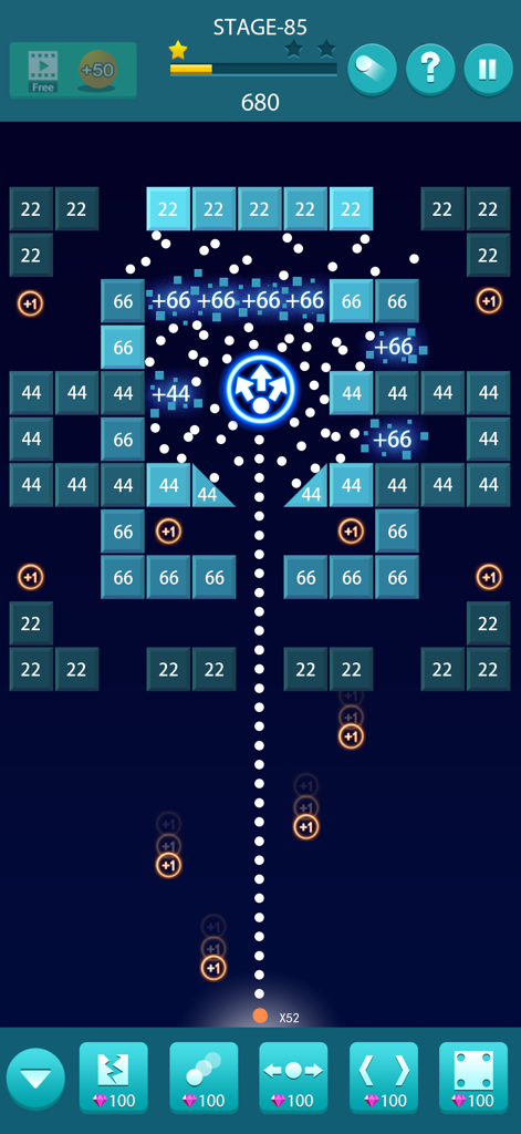 Bricks and Balls : Brick Game - A screenshot of Bricks and Balls game showing white balls bouncing to break numbered blue blocks on a dark screen.