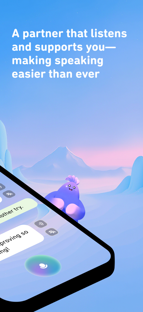 A smartphone screen displaying a chat interface with a supportive AI character for English speaking practice.