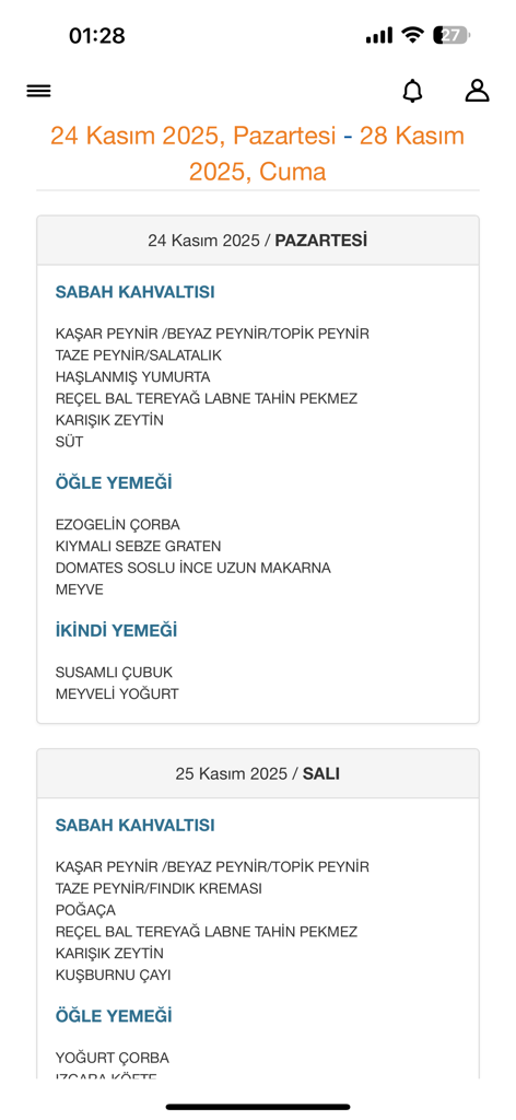Veli İletişim Üçgeni - A mobile app screen showing a school meal plan with daily menus for breakfast and lunch