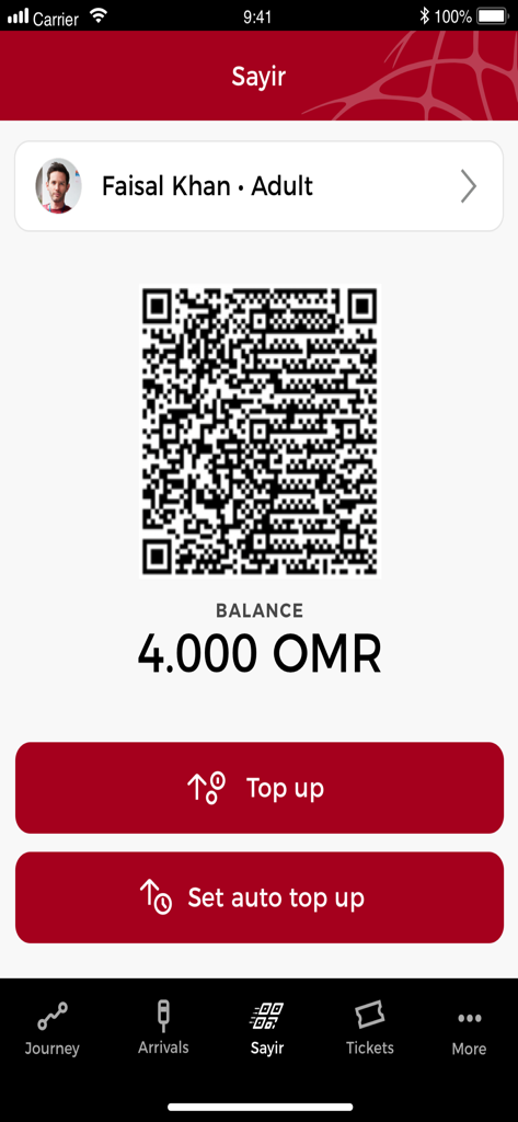 Mwasalat - Sayir digital wallet with QR code and balance in the Mwasalat app