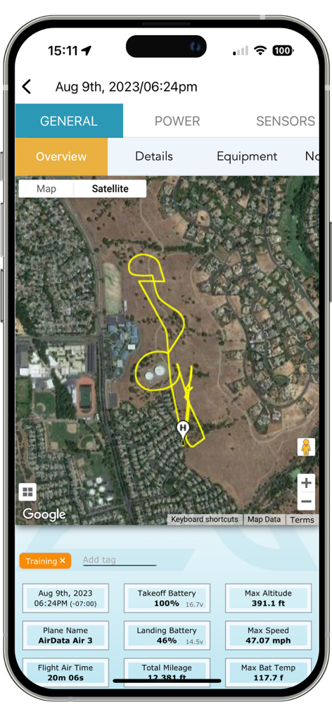 Airdata UAV app displaying a drone flight path on a satellite map with detailed flight telemetry and battery statistics