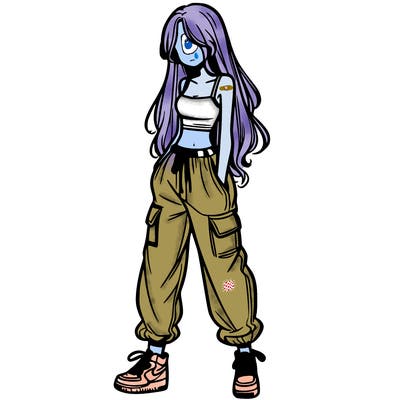 girl in baggy pants crop top and long hair