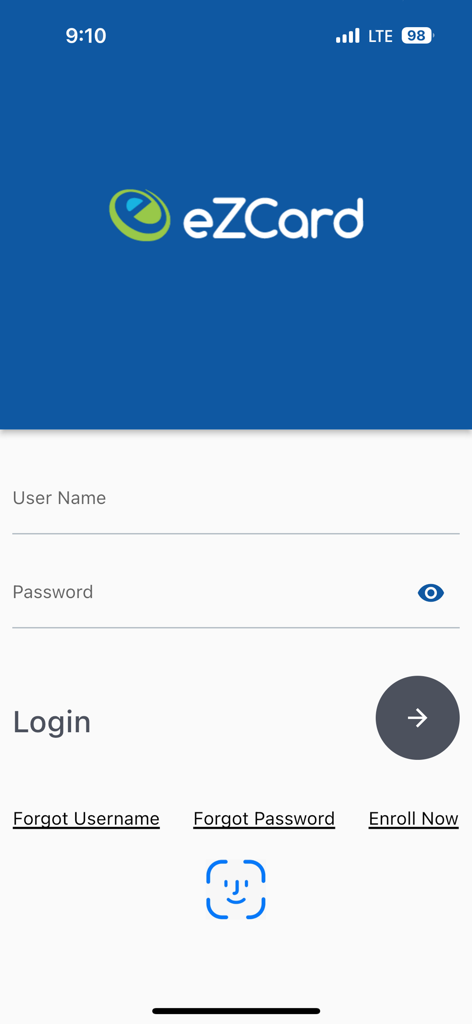 Login screen of the eZCardInfo mobile app with username and password fields and biometric sign in option