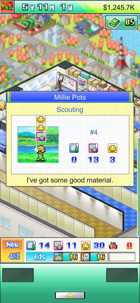 A pixel art character named Millie Pots scouting for material in the magazine mogul management game