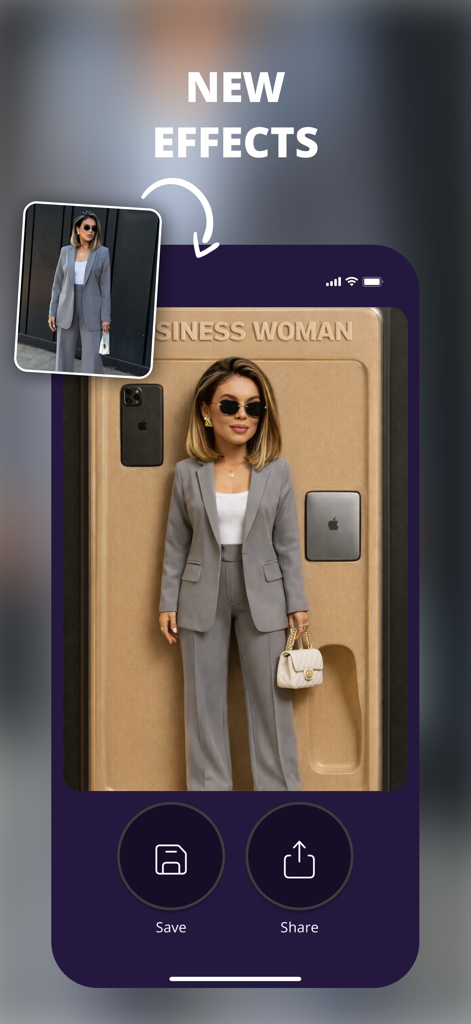 Una transformación de foto en la aplicación Cartoonify Picture que muestra a una mujer real con un traje gris siendo convertida en un avatar estilizado de muñeca de juguete de mujer de negocios.