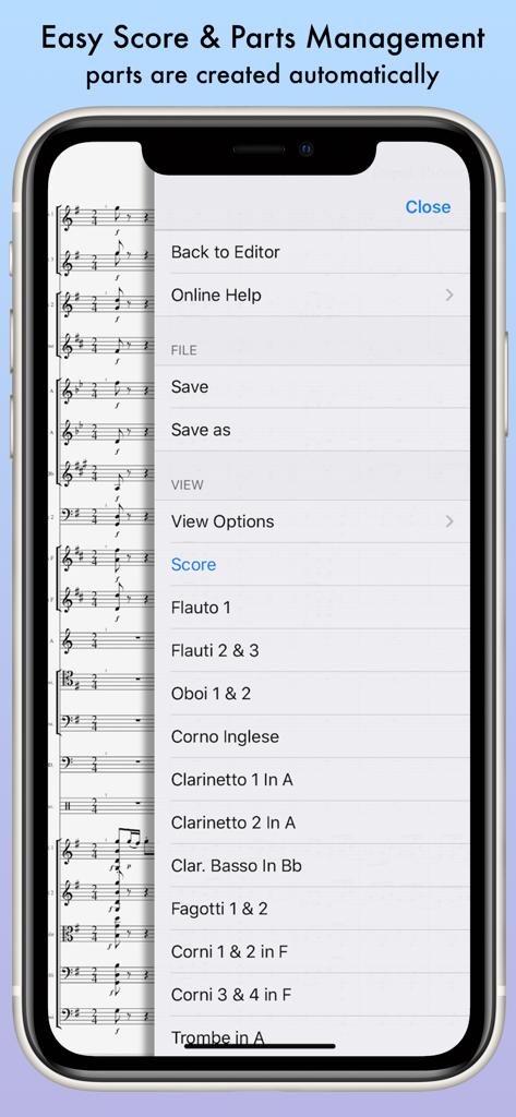 iWriteMusic mobile app interface showing automated orchestral score and parts management menu