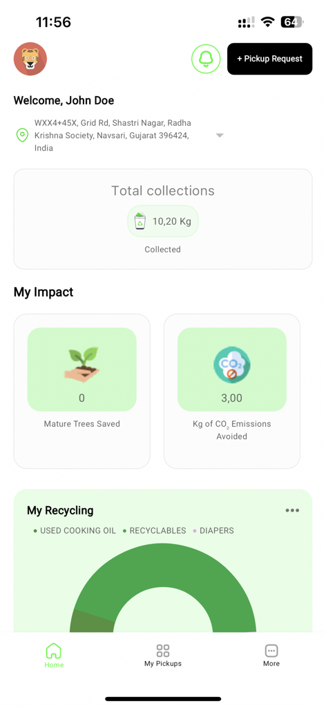 Dashboard dell'app Just Go Zero che mostra statistiche sull'impatto del riciclo, incluse le emissioni di CO2 evitate e gli alberi salvati.