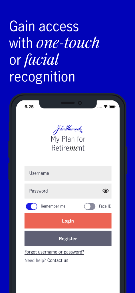 Login screen for John Hancock Retirement app featuring Face ID and biometric security options