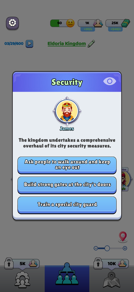 Kingdom Life! - Strategic choice screen in Kingdom Life mobile game for city security measures