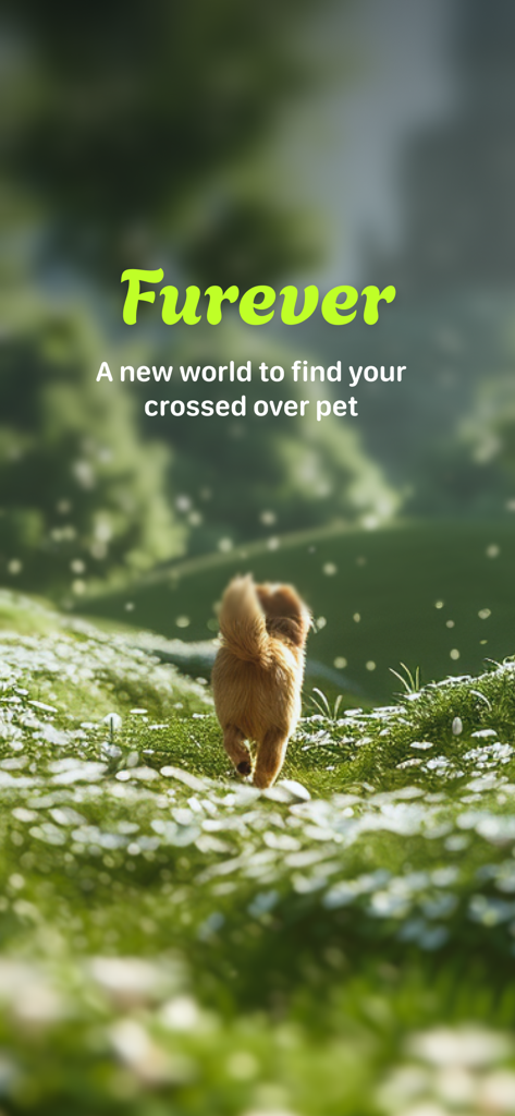 Furever - Pet in Heaven - A small fluffy dog running through a green meadow with the Furever app logo