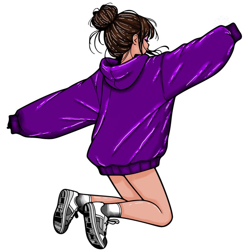 realistic girl jumping with a bun and oversized sweatshirt
