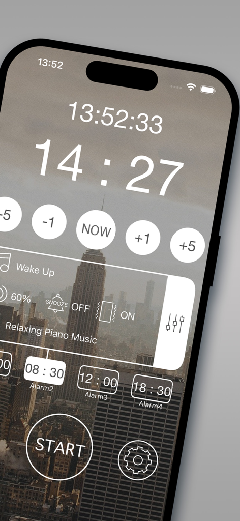 Oberfläche der Kopfhörer-Wecker-App mit mehreren Alarmeinstellungen und einer Zeitanzeige vor einem Stadthintergrund