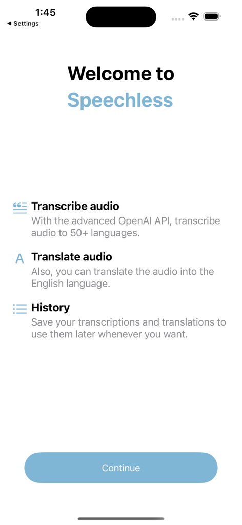 Speechless: audios to texts - Tela de boas-vindas para o aplicativo Speechless destacando recursos de transcrição e tradução de áudio alimentados pela OpenAI.