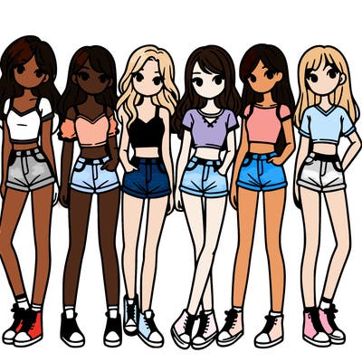 a group of girls wearing crop tops and shorts