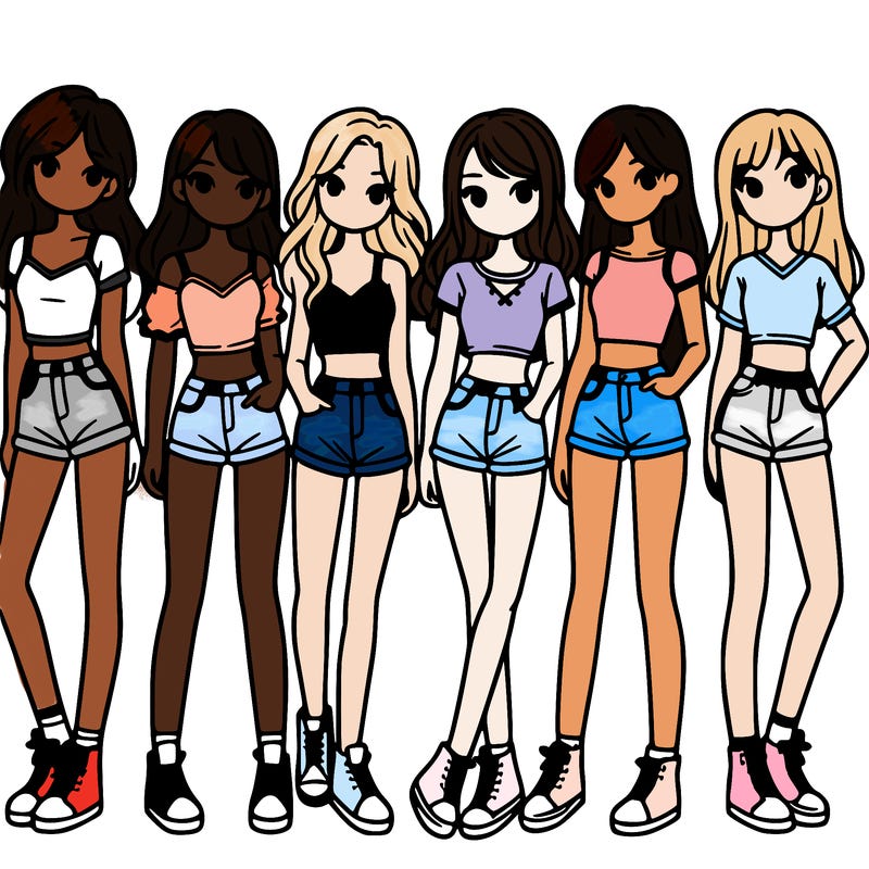 a group of girls wearing crop tops and shorts