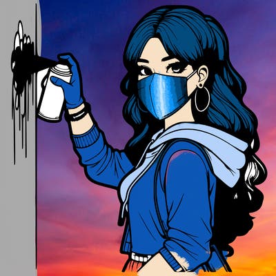 realistic girl with mask spray painting a wall