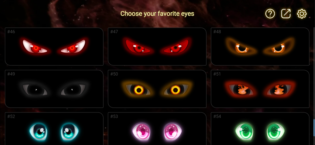 Prank Eyes - Selection screen featuring various glowing anime and scary eye designs for pranks