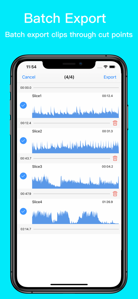 EZAudioCut - Audio Editor Lite - Interface of EZAudioCut showing multiple audio clips selected for batch export