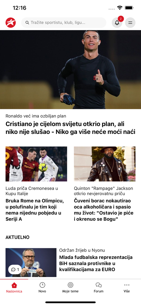 SportSport.ba - Pantalla de la aplicación móvil SportSport.ba con artículos de noticias deportivas en idioma bosnio