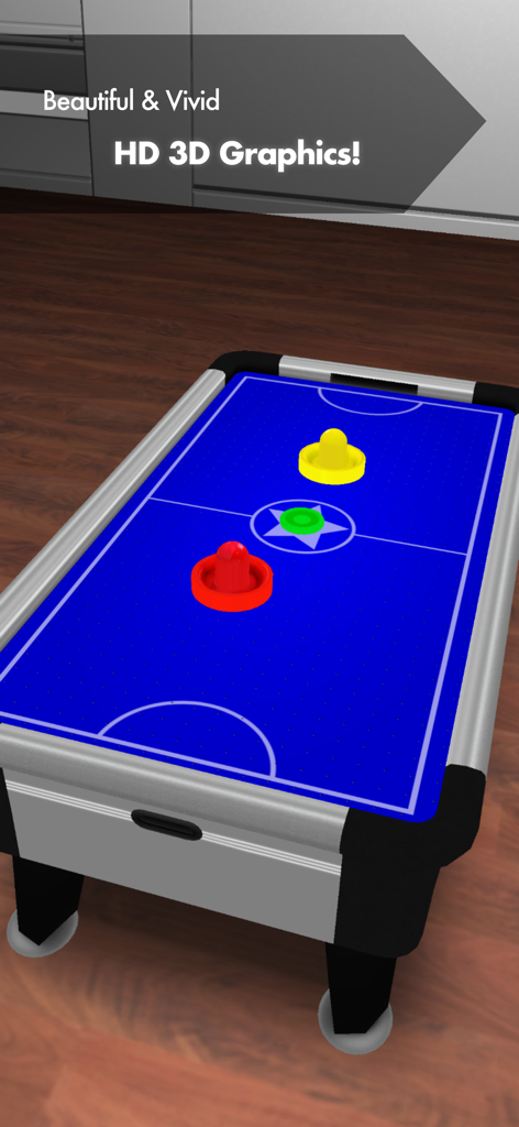 Air Hockey Blast - A blue 3D air hockey table with red and yellow paddles in a realistic room setting