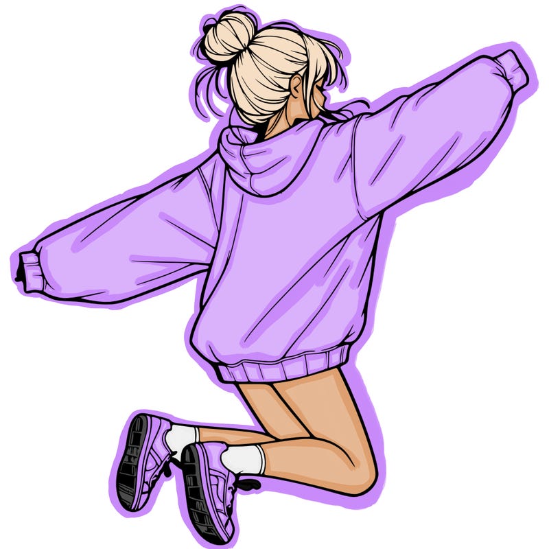 realistic girl jumping with a bun and oversized sweatshirt