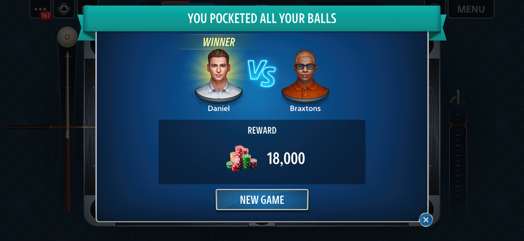 8 Ball by Pokerist™ - Una pantalla de victoria en la aplicación 8 Ball by Pokerist que muestra a un ganador y una recompensa de 18.000 fichas.