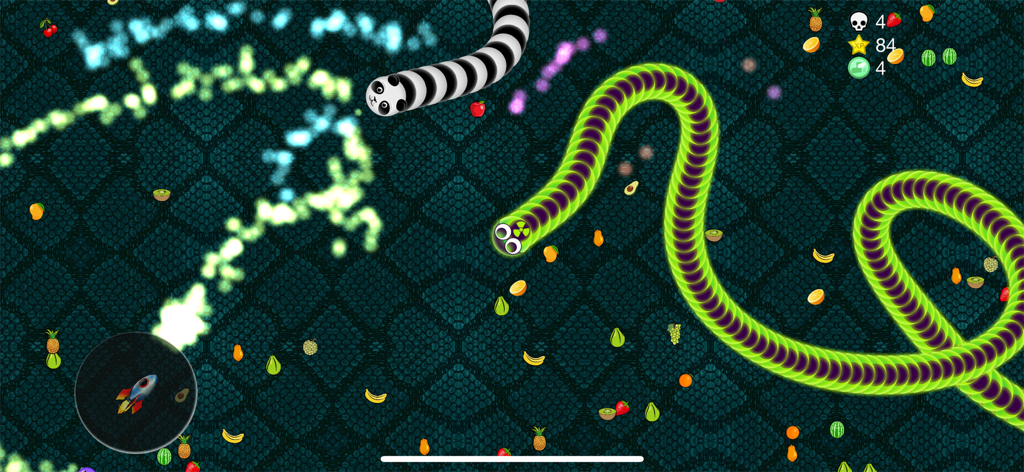 Viper.io - Worm & snake game - Gameplay screenshot of Viper.io showing a large green snake and a panda patterned snake competing in a multiplayer arena filled with fruit food