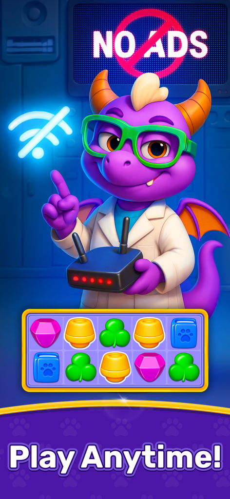 Una captura de pantalla de Roy Story mostrando juego sin conexión y sin anuncios con un personaje de dragón morado y una cuadrícula de puzzle match-3.