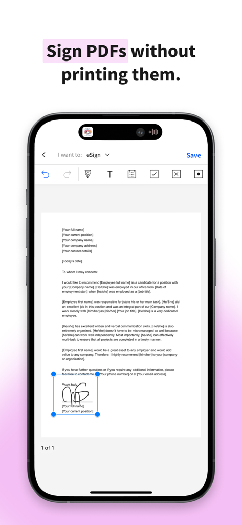 A smartphone showing the Smallpdf app eSign tool being used to sign a document