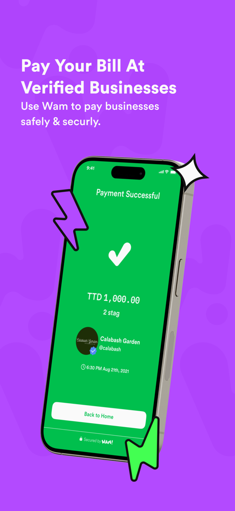 The Wam app showing a successful payment of one thousand TTD to a verified business.