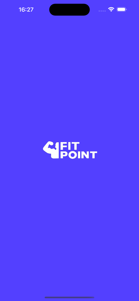The splash screen of the FitPoint app showing the white logo with a bicep icon on a solid purple background