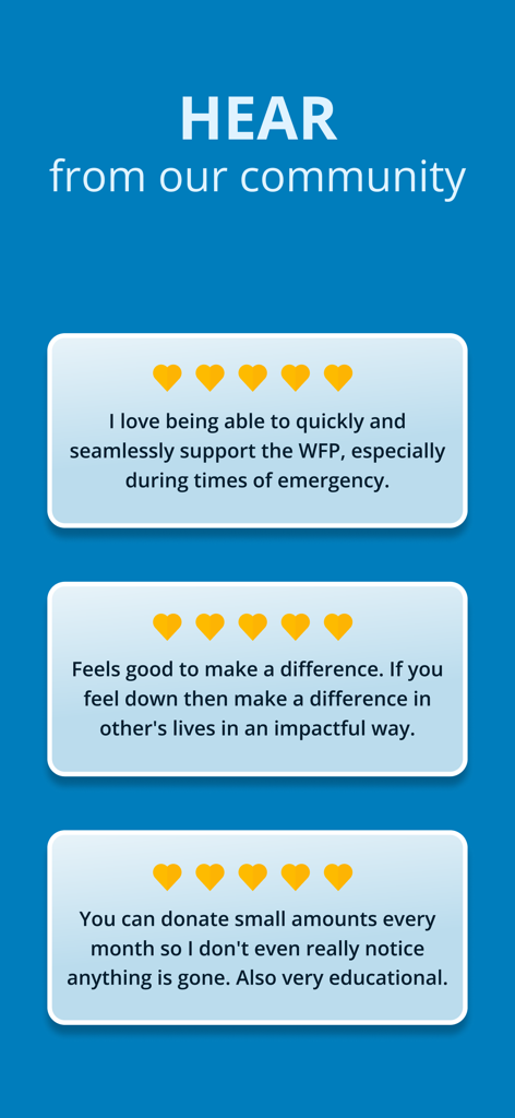 ShareTheMeal 자선 앱의 긍정적인 사용자 후기 및 별점 5개 평가: 간편한 기부와 영향력 있는 결과 강조