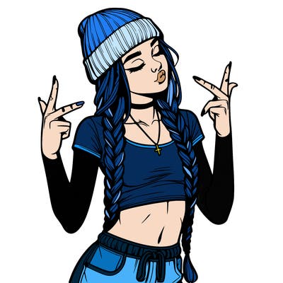 realistic teenage girl with braids and a beanie and crop top doing 🫶🏼