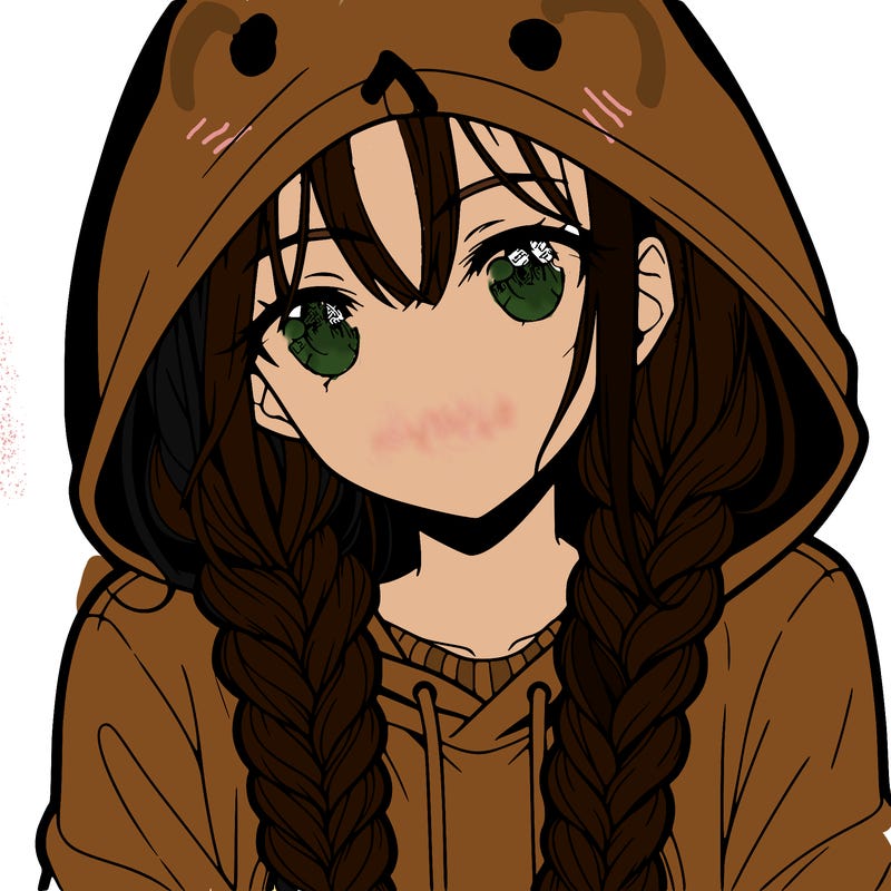 anime girl with long braids and hoodie