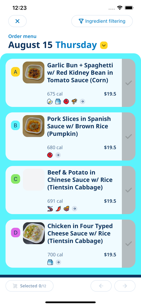 Luncheon Star mobile app screen showing a daily school lunch menu with multiple meal options and nutritional information