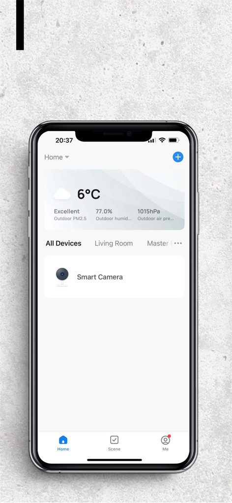 The GW Security app home screen showing a connected smart camera and outdoor weather conditions.