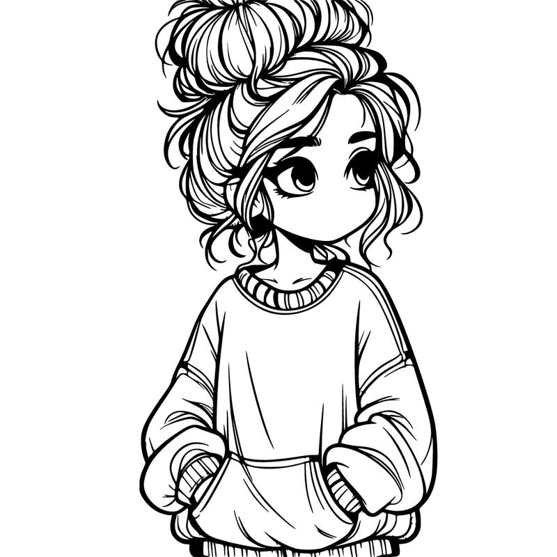 pretty realistic girl with messy bun and oversized clothes