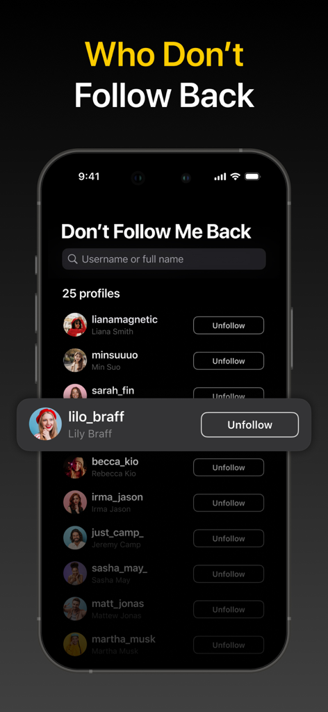 Followers Tracker - Reports - A screen showing users who do not follow back with unfollow buttons in the Followers Tracker app.