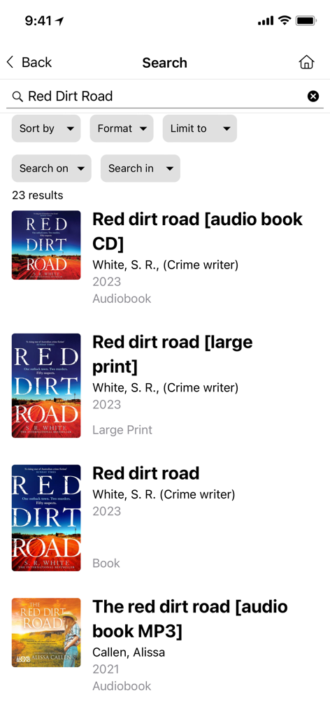 Your Library App - Search results for the book title Red Dirt Road in the Your Library app showing various formats like audiobook and large print.