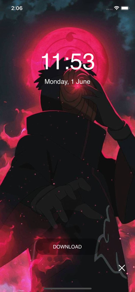 Naruto anime live wallpaper preview featuring Obito on an iPhone lock screen