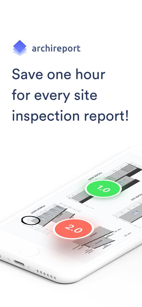 Archireport mobile app showing annotated architectural plans with numbered site inspection markers