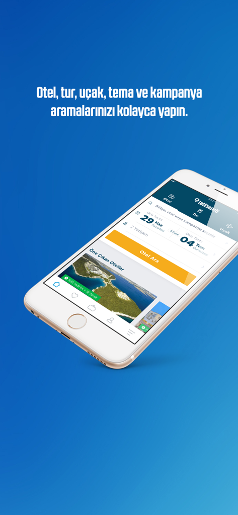 tatilsepeti - A white iPhone displaying the tatilsepeti travel app hotel search interface with featured coastal resorts on a blue background