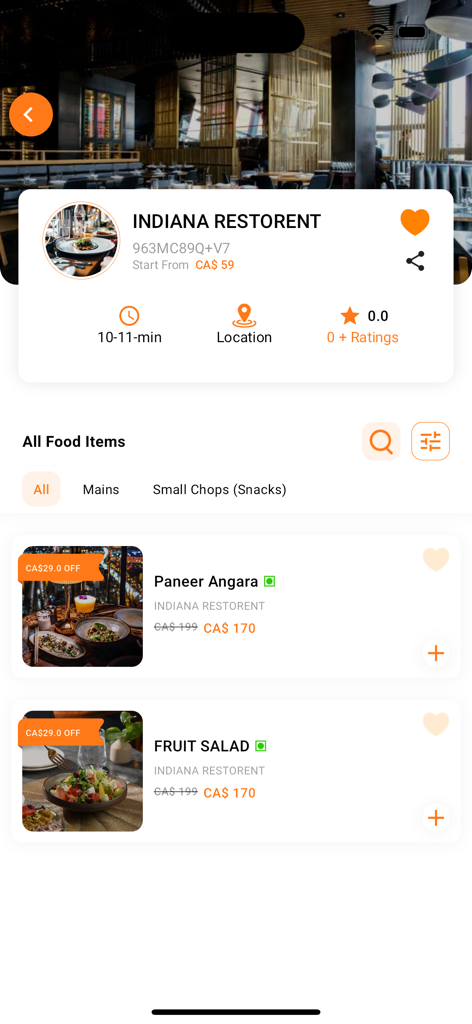 Africaribana Go - Menu do restaurante do aplicativo Africaribana Go mostrando itens de comida e detalhes de entrega