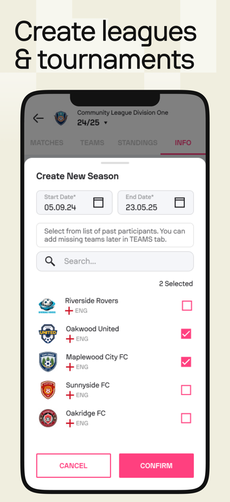 Schermata dell'app che mostra l'impostazione di una nuova stagione di lega sportiva e la selezione della squadra